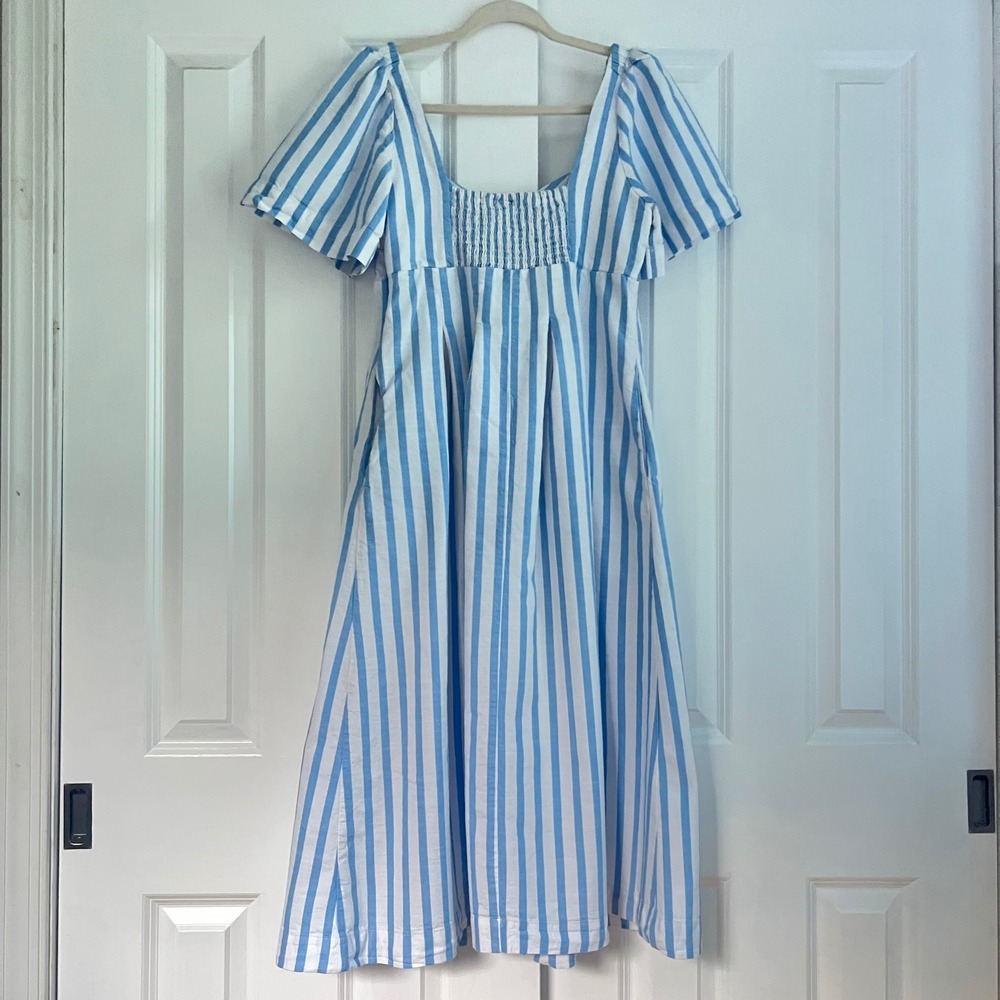 A New Day Blue White Striped Sweetheart Neck Cotton Cottage Midi Dress Size 10 - Picture 8 of 9